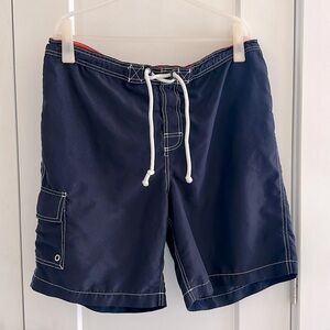Merona large navy blue men’s swim trunks with crisscross strings at waist
